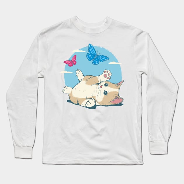 cat play with butterfly Long Sleeve T-Shirt by dreamiedesire